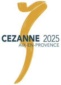 image qui représente une trace de peinture réalisée au pinceau qui va de haut en bas avec un texte qui dit "Cézanne 2025, Aix-en-Provence"